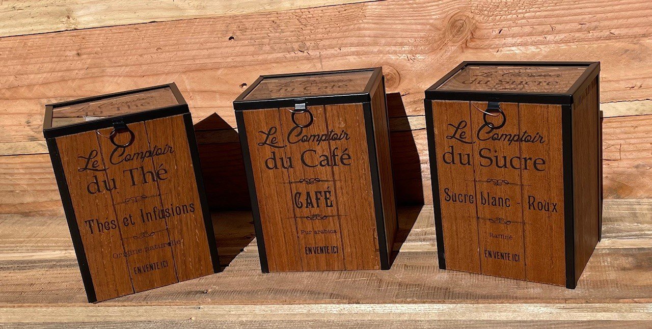 Set 3 boites en bois avec couvercle thé café sucre
