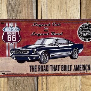Plaque déco relief métal US Légende car mustang road 66